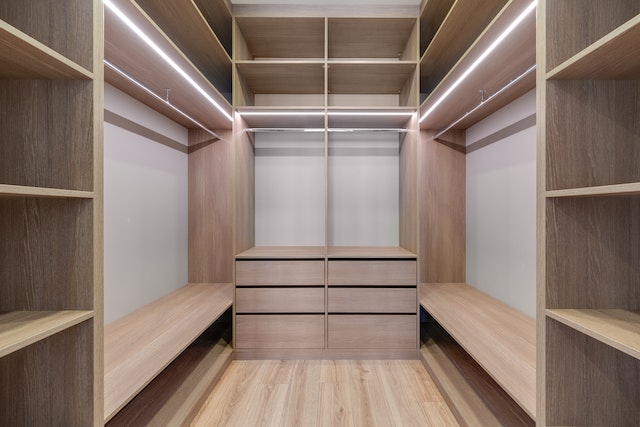An empty wardrobe with LED light strips installed on top of the shelvesPicture